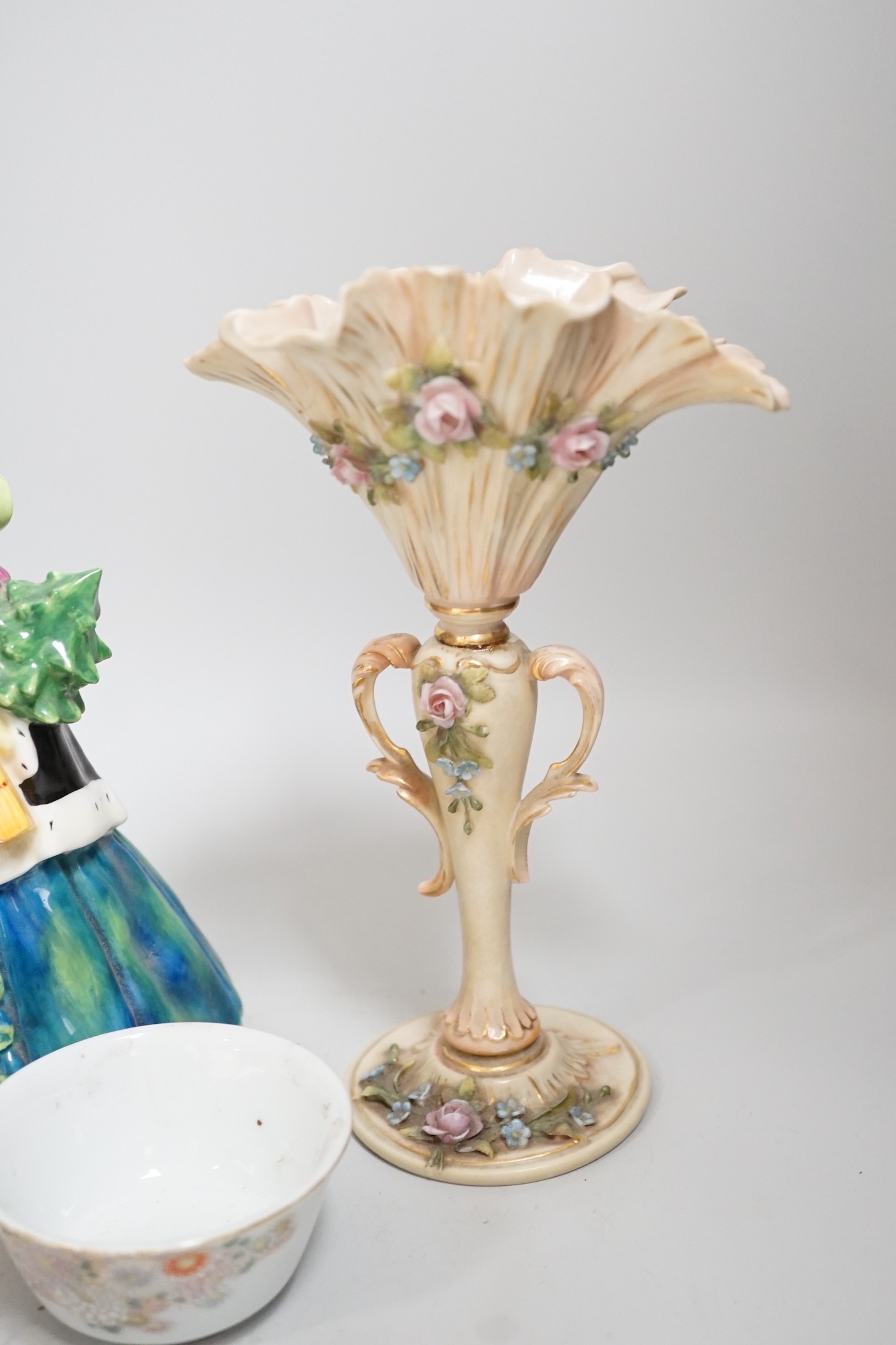 Continental porcelain figures, a Lalique figure of a crouched figure, etc.